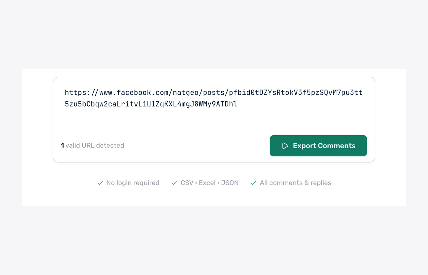 Facebook comment exporter form with a Facebook post URL pasted in and the Export Comments button ready