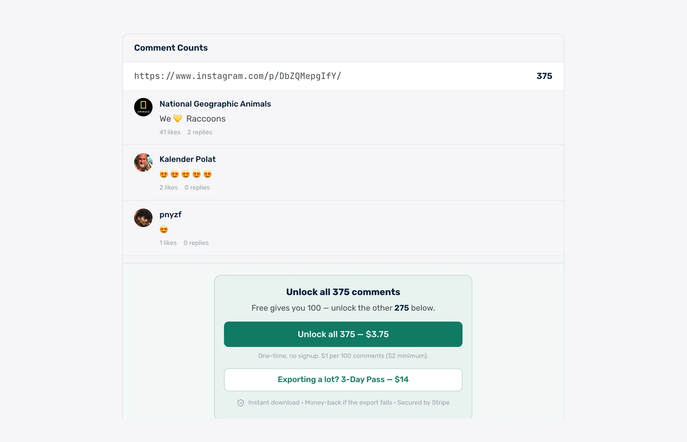 Comment count and live preview of exported Instagram comments showing usernames, likes and reply counts before download