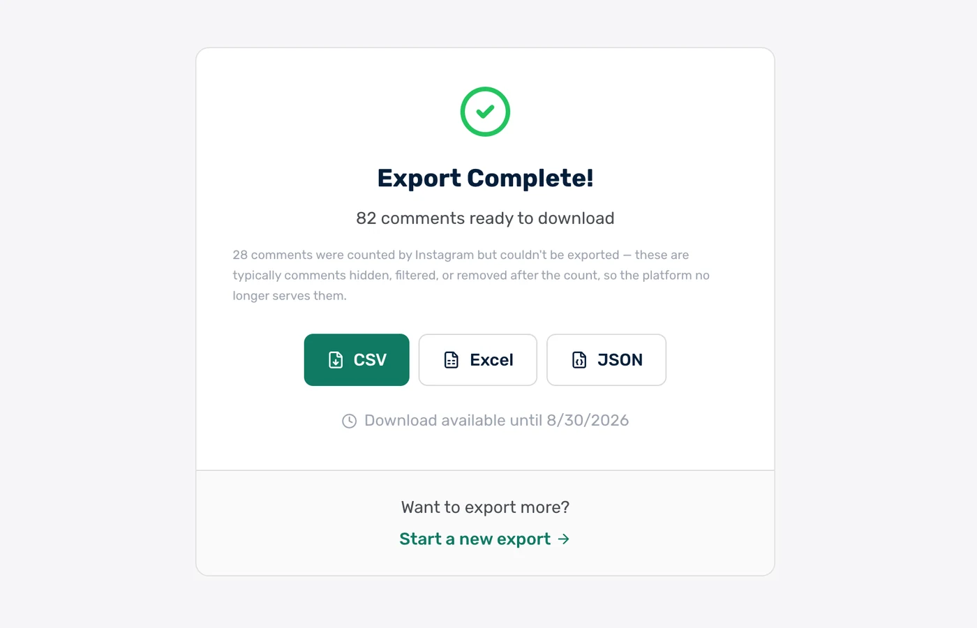 Export complete screen with CSV, Excel and JSON download buttons for the exported Instagram comments