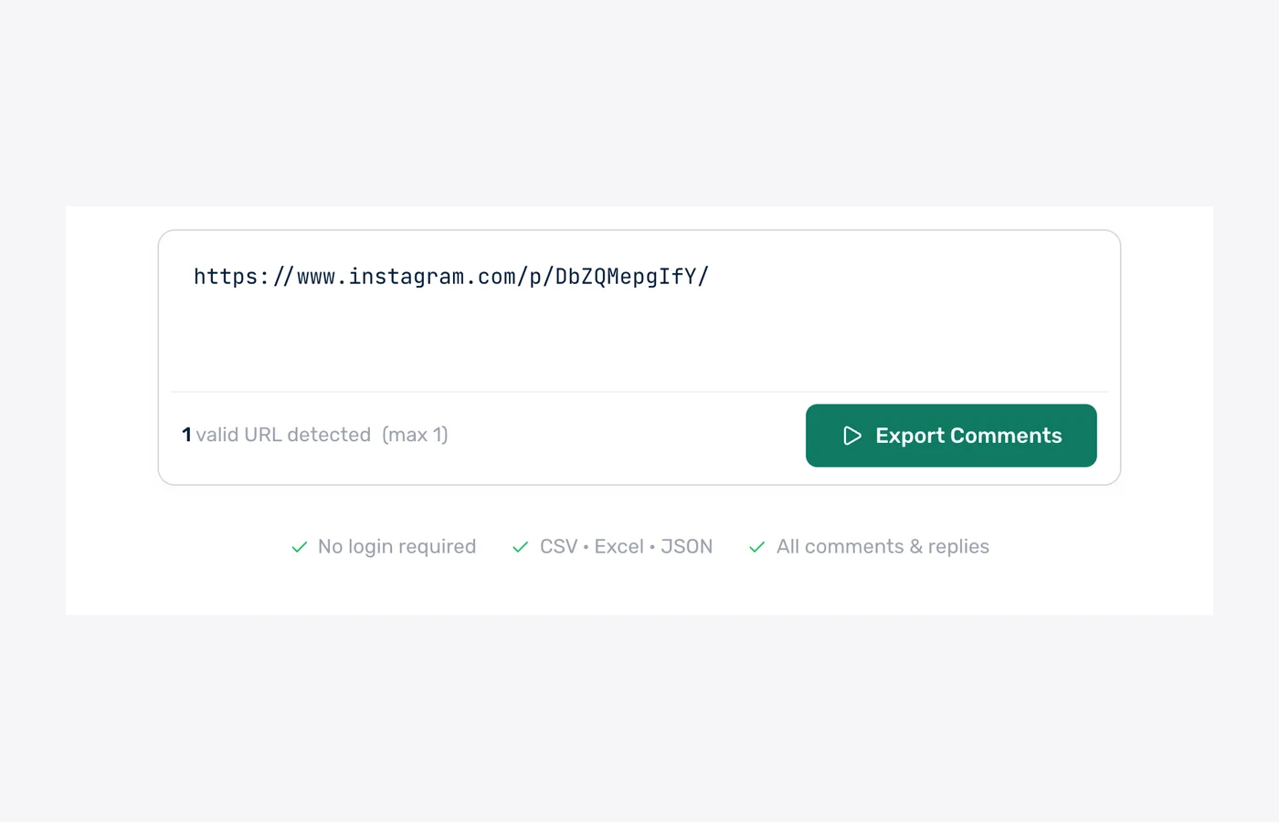 Instagram comment exporter form with an Instagram post URL pasted in and the Export Comments button ready