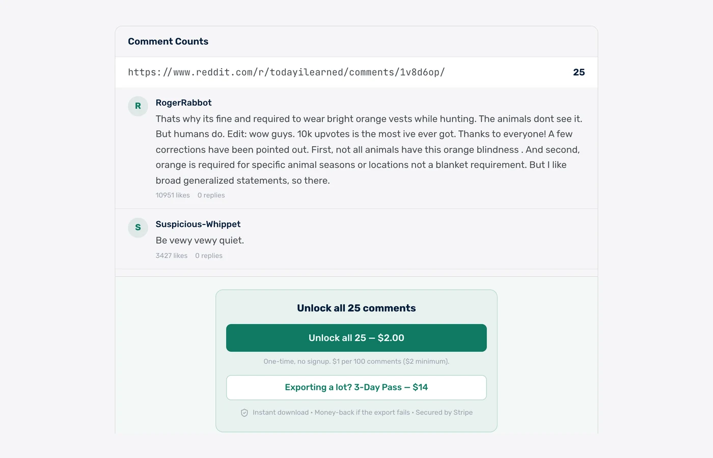 Reddit comment count and live preview showing authors, likes and reply counts before download