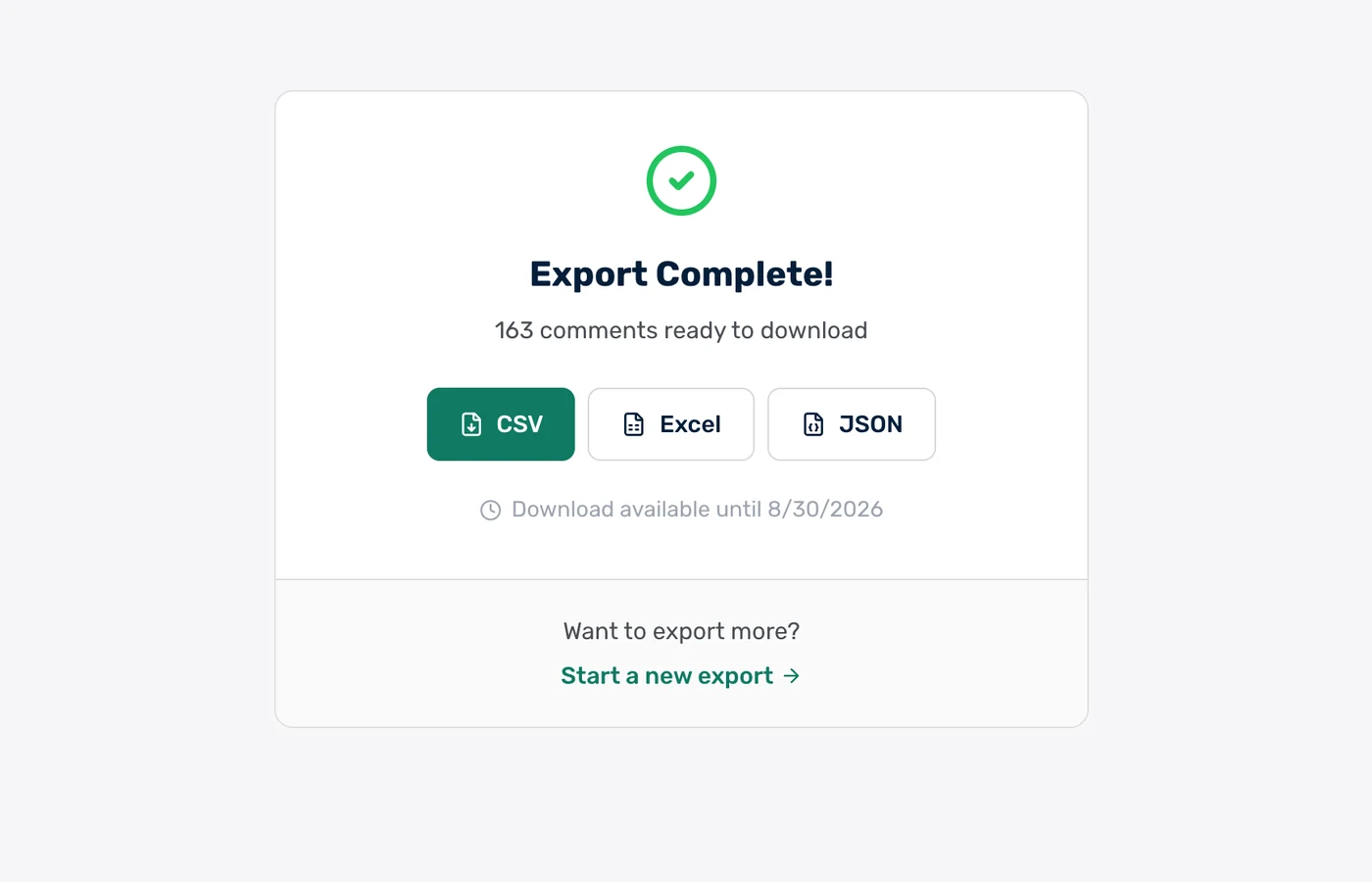 Export complete screen with CSV, Excel and JSON download buttons for the exported Reddit comments
