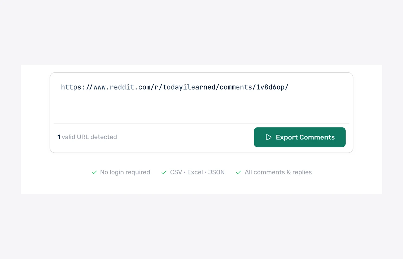 Reddit comment exporter form with a Reddit thread URL pasted in and the Export Comments button ready