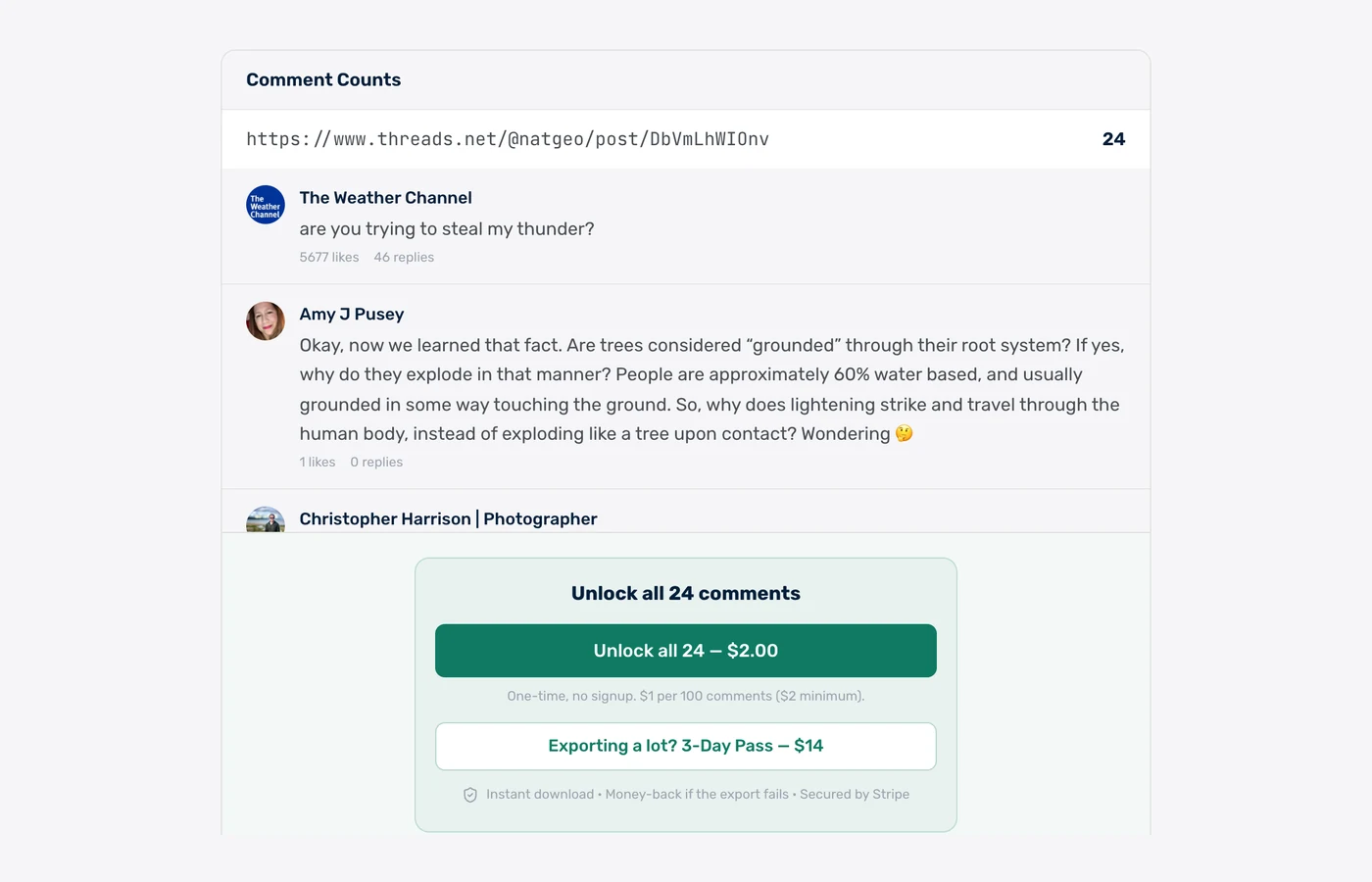 Threads comment count and live preview showing authors, likes and reply counts before download