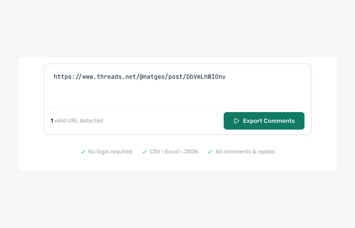 Threads comment exporter form with a Threads post URL pasted in and the Export Comments button ready