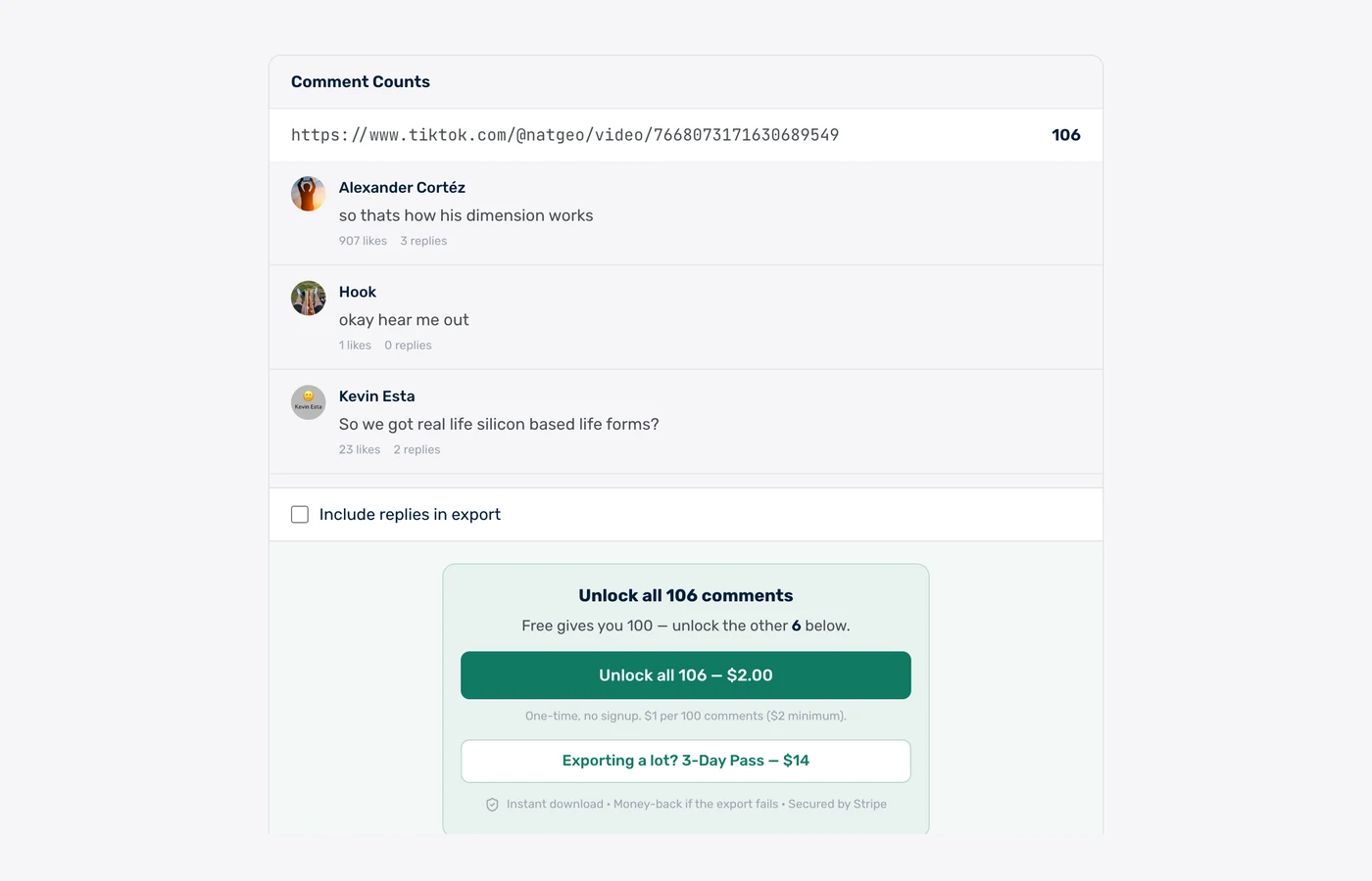 TikTok comment count and live preview showing usernames, likes, reply counts and the include-replies option before download