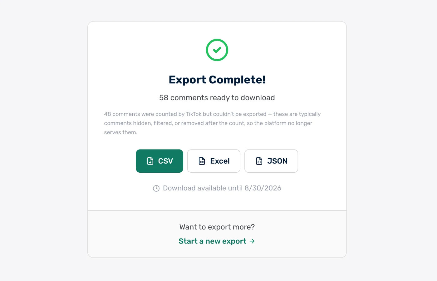 Export complete screen with CSV, Excel and JSON download buttons for the exported TikTok comments