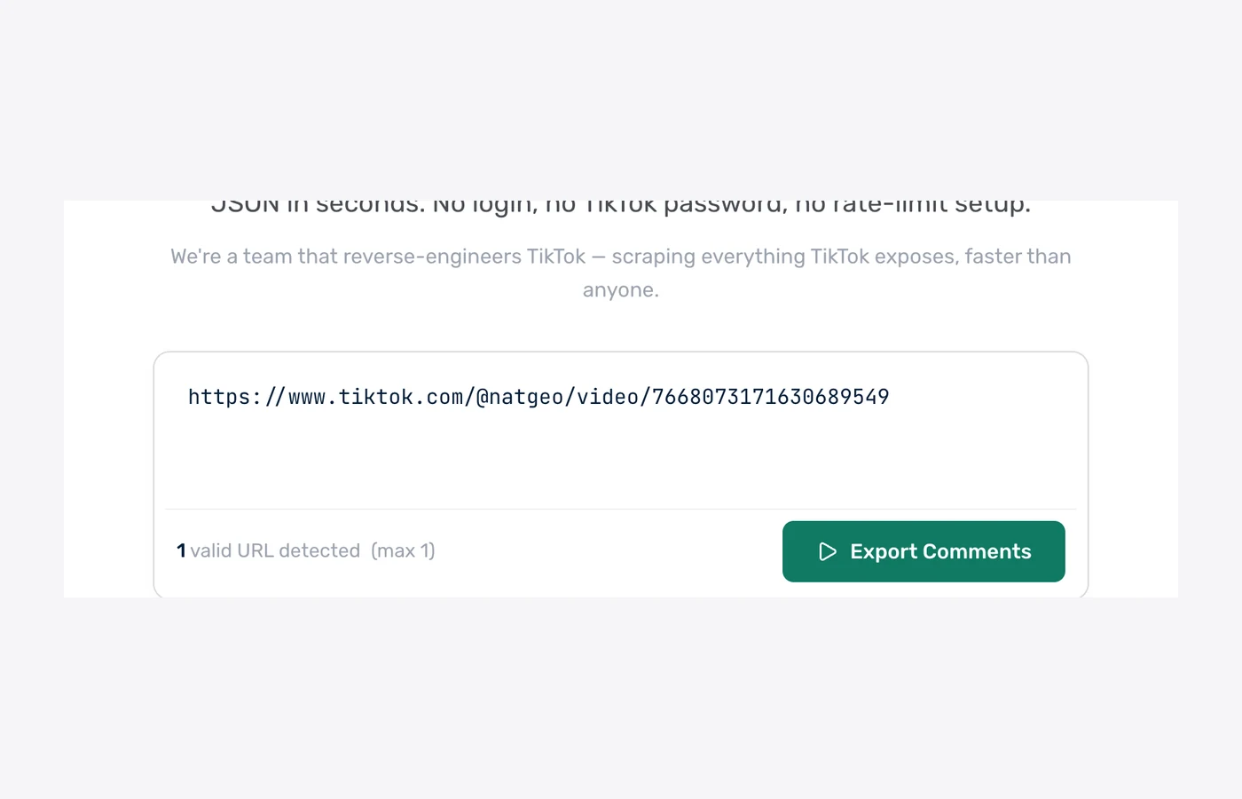 TikTok comment exporter form with a TikTok video URL pasted in and the Export Comments button ready