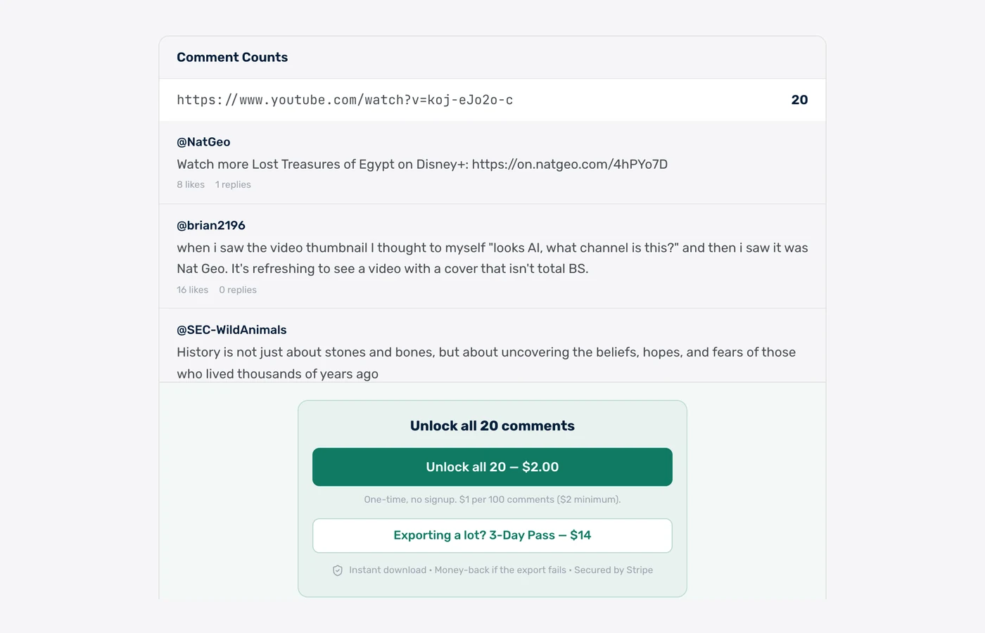 YouTube comment count and live preview showing authors, likes and reply counts before download